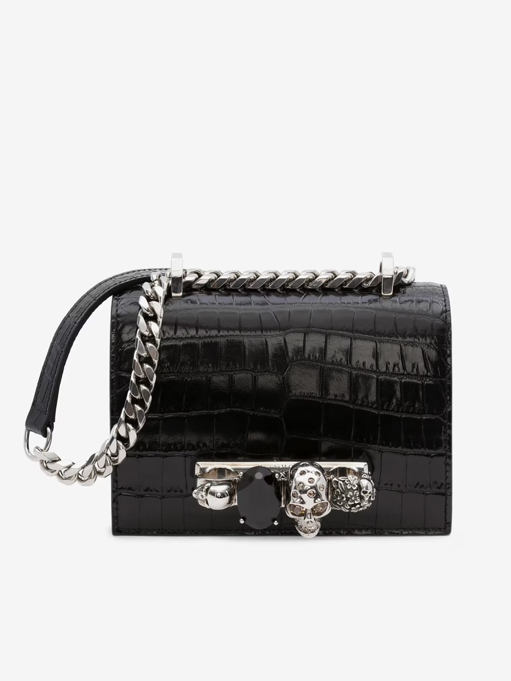 ALEXANDER MCQUEEN ‘Mini Jeweled Croc Satchel’ in Black/Silver